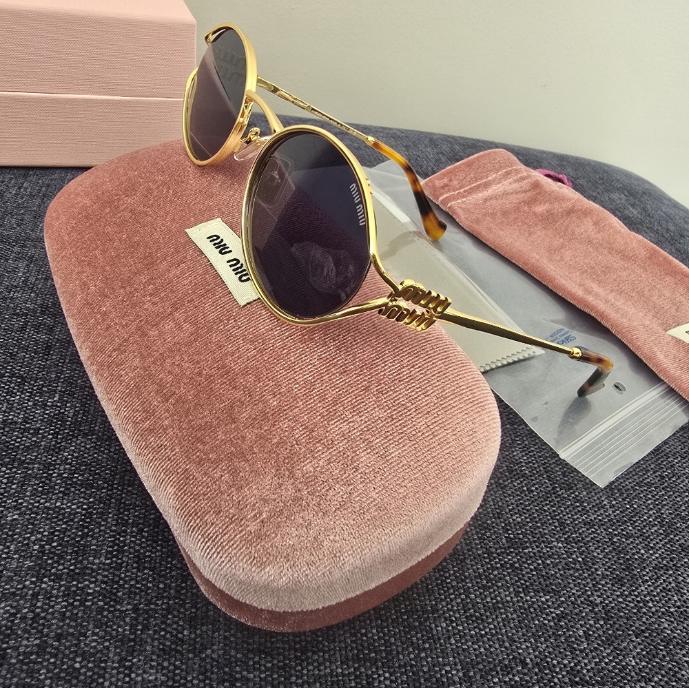 Miu Miu SMU 52y ZVN5D1 Gold Frame Dark Blue Lens Round Sunglasses